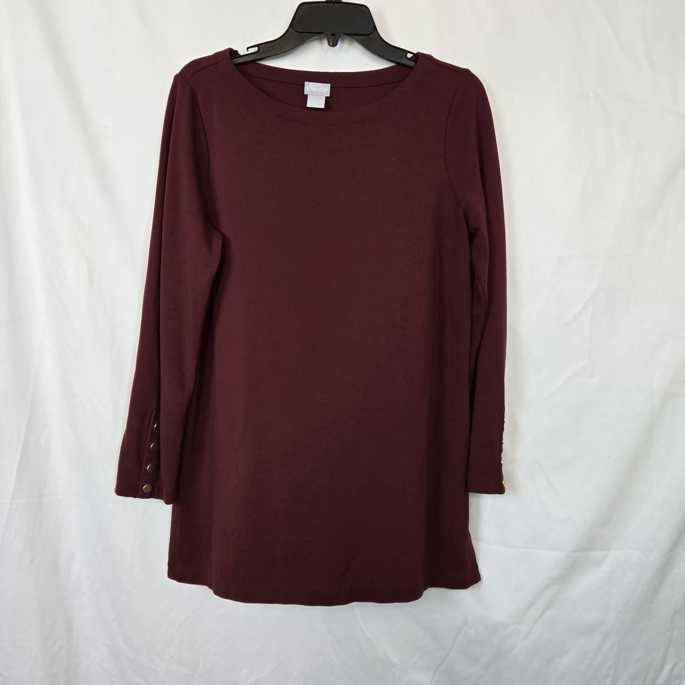 Chico's Womens Burgundy Ponte Long Sleeve Gold Button Stretch Tunic Top 1/M/8-10